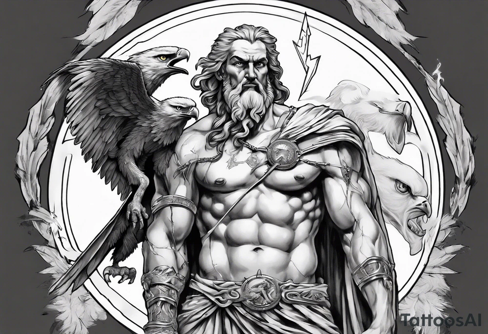 Zeus holding a wicked lightening bolt in his hand with an eagle by his side in greyscale tattoo idea