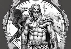 Zeus holding a wicked lightening bolt in his hand with an eagle by his side in greyscale tattoo idea