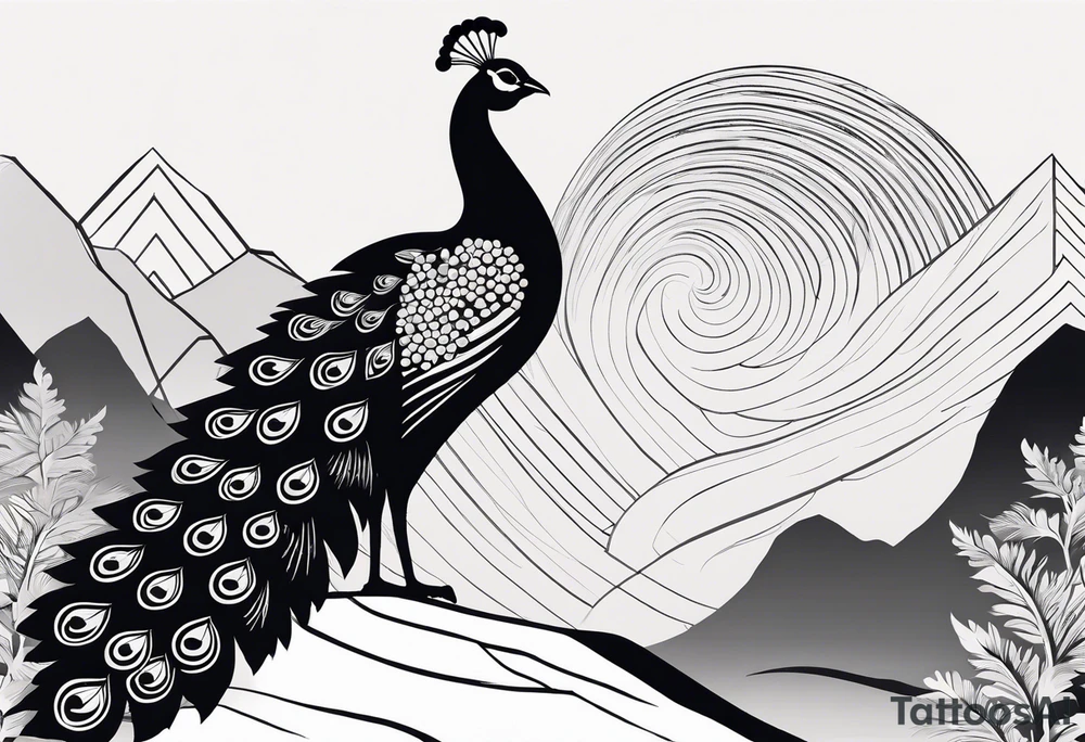 Black and white silhouette illustration of a peacock with a beautifully fanned tail, standing on a rock. The intricate lines of the peacock’s feathers are elegantly arranged, emphasizing the grandeur of its tail. The rock is surrounded by abstract representations of grape leaves. The background features stylized, minimalistic mountain shapes, trees, and distant buildings. The overall scene is enveloped in a foggy atmosphere, with soft, flowing lines to suggest mist and depth. The contrast between the silhouette of the peacock and the misty landscape creates a serene, dreamlike composition. tattoo idea