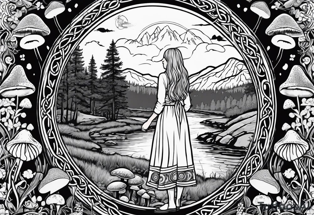 Whole picture encircled fully

Straight long blonde hair hippie girl in distance holding mushrooms in hand facing away toward mountains and creek surrounded by mushrooms long sleeve shirt and hiking pants; whole rendering within a full celtic circle border, no cut off circle tattoo idea