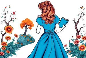 Alice (from Alice in wonderland) silhouette wearing a blue dress. Perspective from the back. She is caring a book, entering a garden with flowers and an orange tree tattoo idea