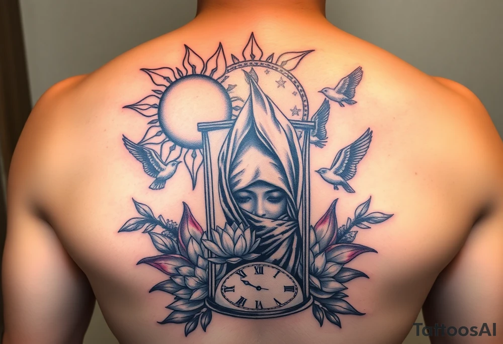 sun and moon embrace with lotus flower in a hour glass that breaks into flying birds and a clock in background with an arab woman with scarf over her face tattoo idea