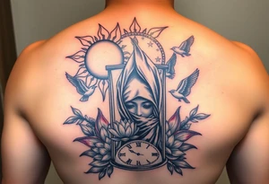 sun and moon embrace with lotus flower in a hour glass that breaks into flying birds and a clock in background with an arab woman with scarf over her face tattoo idea