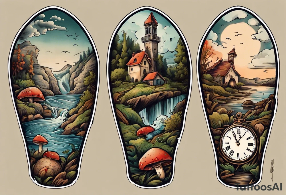 Le tattoo doit intégrer, un paysage montagneux, une horloge à 21h44.
Il faut aussi une pellicule de cinéma déroulée. Un vieux chapeau de l'armée italienne. des petits champignons au bord d'une rivière. tattoo idea
