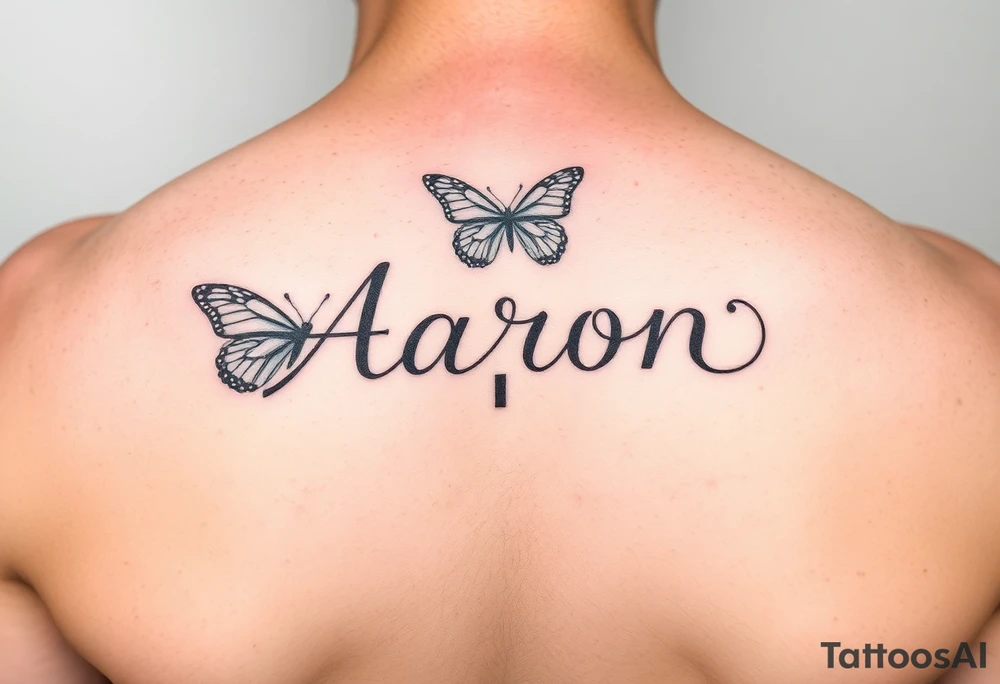 the name aaron on the hand with a butterfly and a semicolon tattoo idea