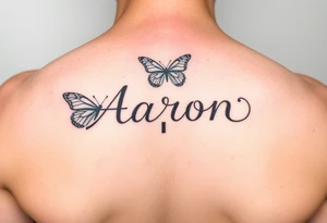 the name aaron on the hand with a butterfly and a semicolon tattoo idea