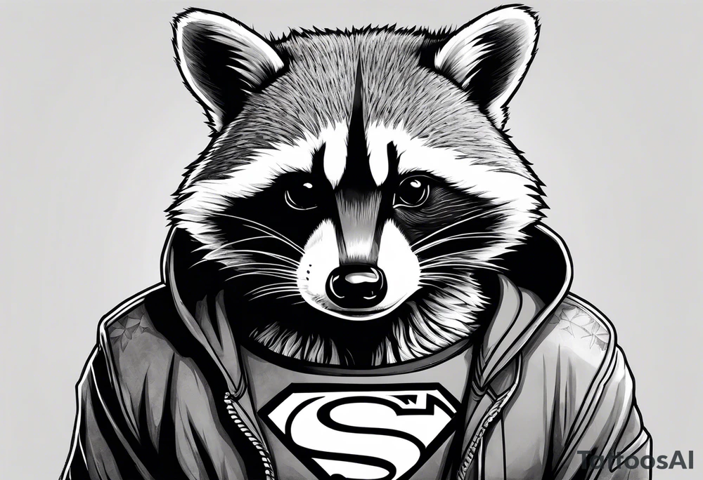 raccoon wearing a Superman hoodie tattoo idea