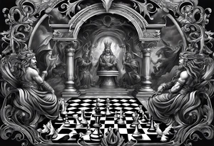 Illustrate a powerful scene where the angelic king checkmates the demonic king, symbolizing the triumph of good over evil in the strategic game of life. tattoo idea