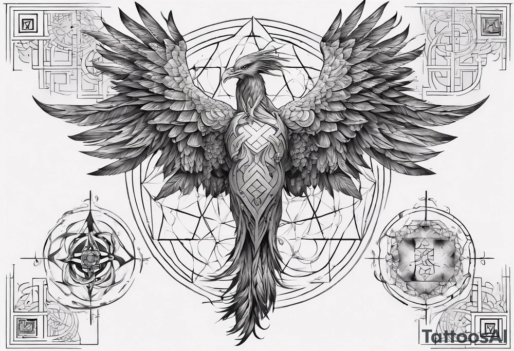 Sleeve for woman's arm sacred geometry Metatron's cube with phoenix tattoo idea