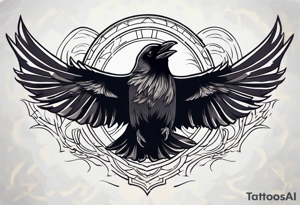 A flying raven on the chest tattoo idea