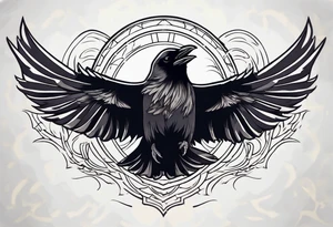 A flying raven on the chest tattoo idea