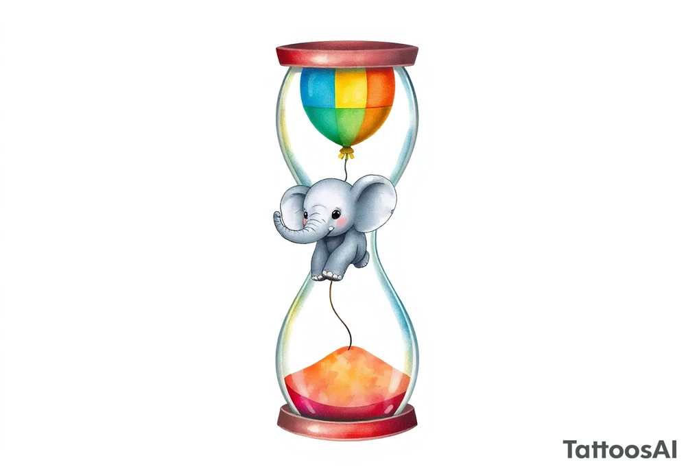 An hour glass with a Baby elephant inside and an autism balloon coming from the top of the hour glass. All around the hour glass would be a rainbow of water colors tattoo idea