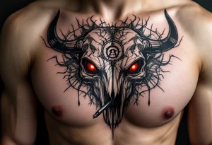 Abstract looking angry taurus skull chest tattoo with red eyes, taurus symbol in between eyes, smoking from the nose tattoo idea