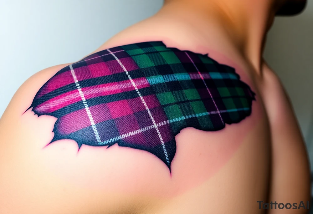 Tattoo on shoulder Dark Purple with green pink blue and white highlights tartan fabric 
with skin ripping away at edges tattoo idea
