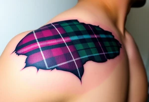 Tattoo on shoulder Dark Purple with green pink blue and white highlights tartan fabric 
with skin ripping away at edges tattoo idea