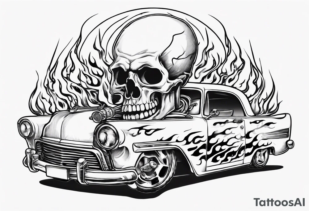 A tattoo of an old vintage car with flames coming out of the hood and a skeleton at t he top of the flames tattoo idea