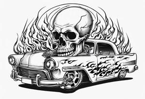 A tattoo of an old vintage car with flames coming out of the hood and a skeleton at t he top of the flames tattoo idea