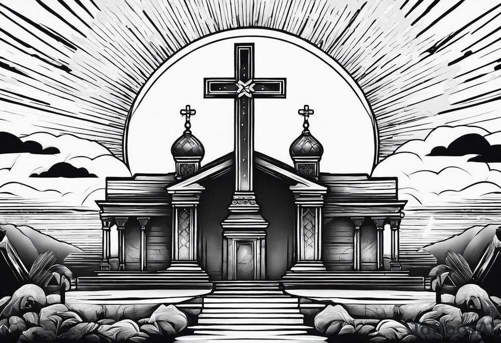 Tomb with cross and sun in the background tattoo idea