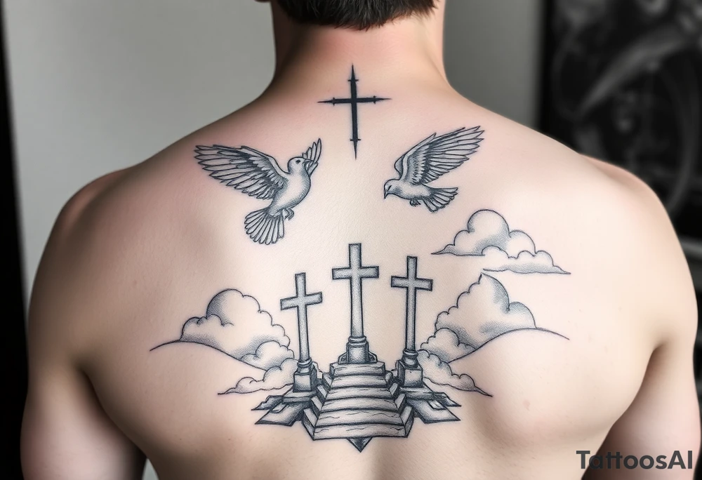 I want a tattoo on my lower arm, I want doves and three crosses at the bottom and I want stairs and clouds with a bible scripture tattoo idea