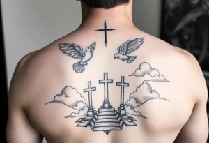 I want a tattoo on my lower arm, I want doves and three crosses at the bottom and I want stairs and clouds with a bible scripture tattoo idea