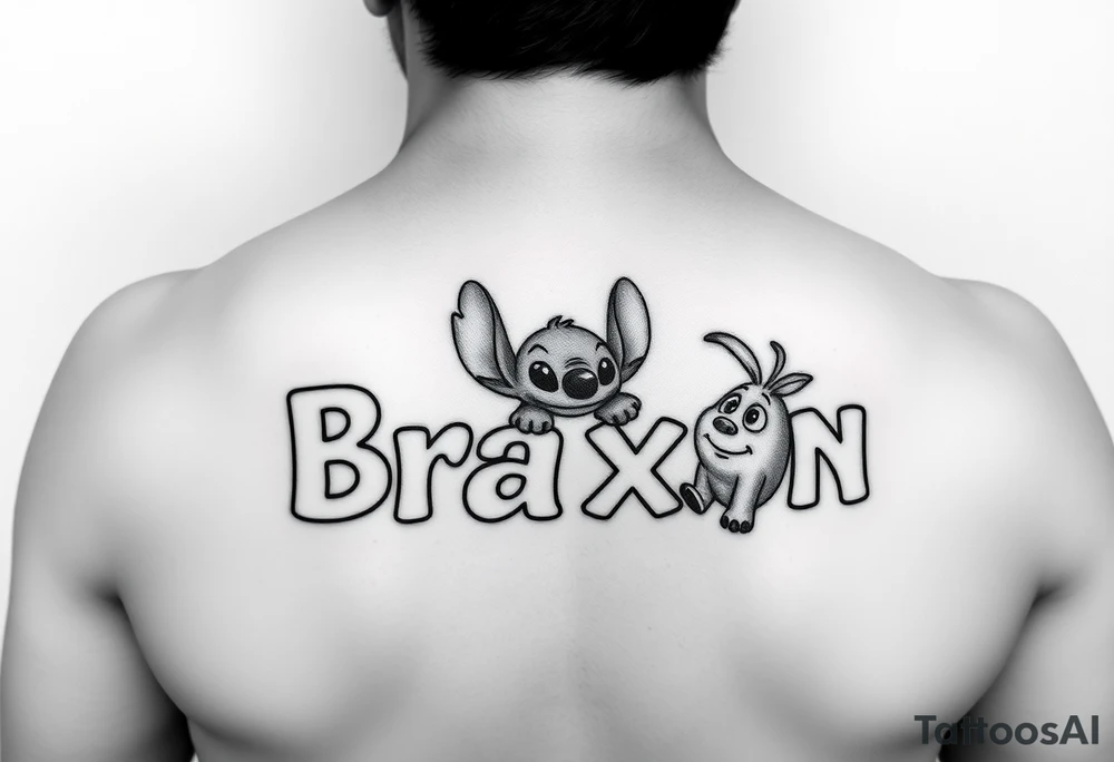 The name Braxton in small bubble letters with a animated stitch character from lilo and stitch 
The name Bentley in small bubble letters with a animated Piglet from Winnie the Pooh 
The name Cayden in small bubble letters with a Sully from monsters inc tattoo idea