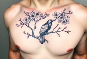 Japanese style cherry blossom tree with a raven in a branch tattoo idea