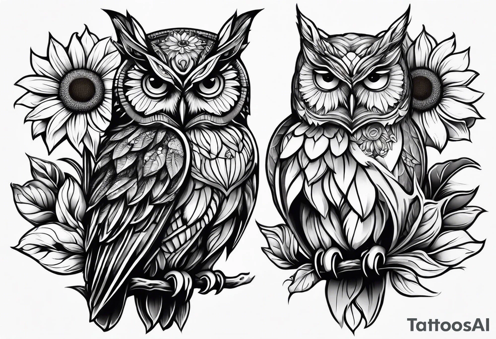 Owl sunflower and butterfly half sleeve tattoo idea