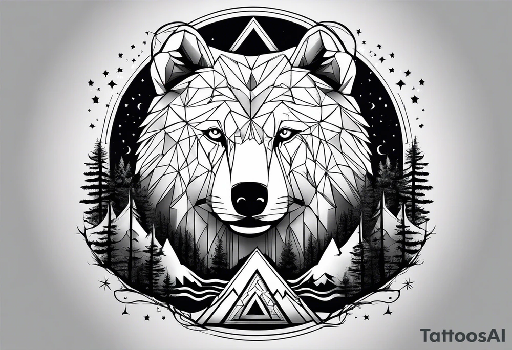 I need to create a sleeve tattoo from shoulder to wrist. The design should include space, stars, forest, sunset, mountains, cliffs, waterfall, water, ocean, wild animals (bear, wolves, elephant), and inserts of triangles and geometric figures. I have two children – a son, Sergei (the eldest), and a daughter, Anna, who live with me and my wife. But I also have another daughter, Marianna, whom I haven't seen for a long time and eagerly await to meet. The tattoo should symbolize love and protection for my children and family, the desire to secure their future, and confidence in tomorrow. It should reflect the notion of not looking back, but always moving forward and achieving goals! tattoo idea