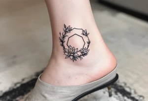 Faint Hexagon with Leo, larkspur and water lilies in the center tattoo idea