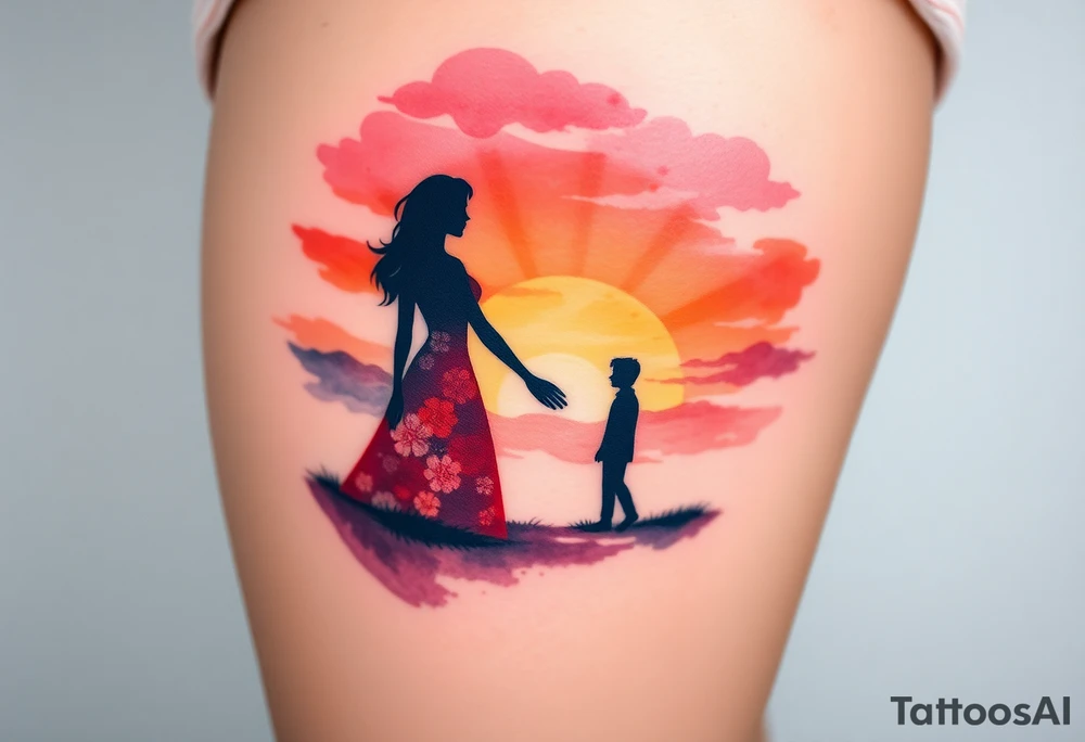 A soft watercolor sunset with two silhouetted figures holding hands, symbolizing a lifetime of love and support tattoo idea