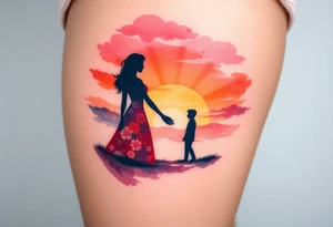 A soft watercolor sunset with two silhouetted figures holding hands, symbolizing a lifetime of love and support tattoo idea