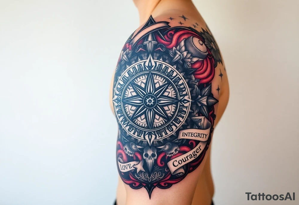 compass + Integrity + Courage + Love + Family tattoo idea