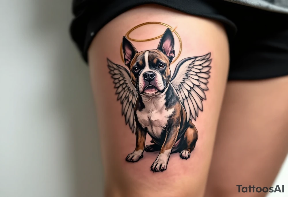 Angel Stafford Tribute – A Staffordshire Bull Terrier with soft white wings and a golden halo, sitting peacefully, ideal as a memorial tattoo. tattoo idea