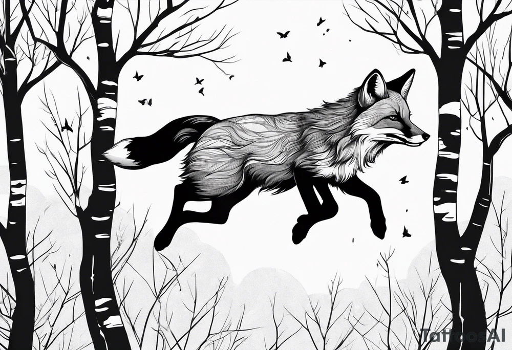 Fox jumping in birch trees tattoo idea
