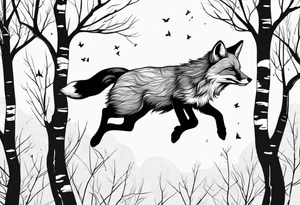 Fox jumping in birch trees tattoo idea