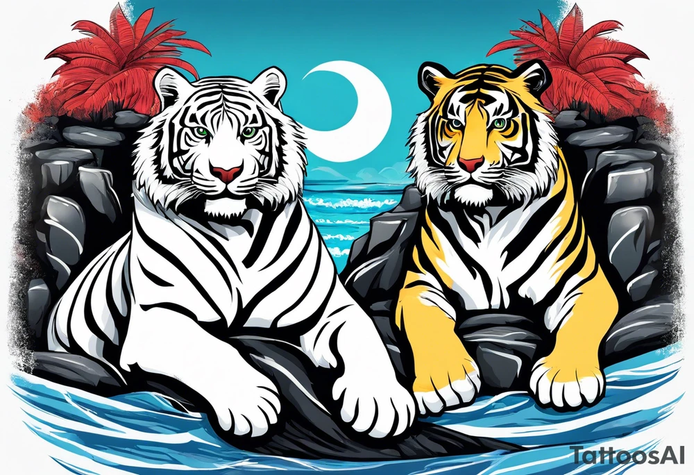 Two tigers: a white tiger and black tiger on opposite sides of a waterfall with an calligraphy ink container at the top and the Bahamas and Jamaica flag on opposite sides. tattoo idea