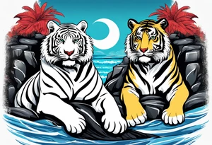 Two tigers: a white tiger and black tiger on opposite sides of a waterfall with an calligraphy ink container at the top and the Bahamas and Jamaica flag on opposite sides. tattoo idea