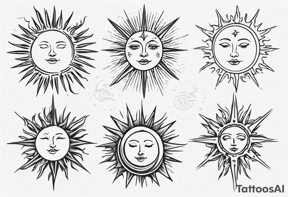 Linework of Sun with rays tattoo idea
