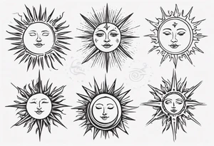 Linework of Sun with rays tattoo idea