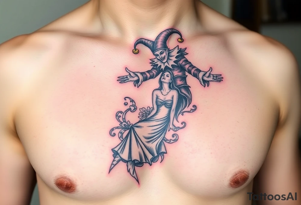 jester hovering over woman in smoke tattoo idea