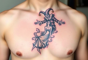 jester hovering over woman in smoke tattoo idea