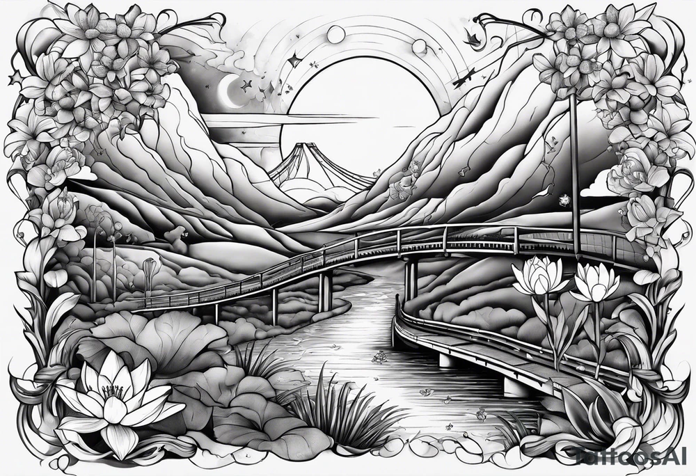 sleeve tattoo including science, skulls, roller coaster track, space and stars, water lily, daffodil, lily of the valley tattoo idea