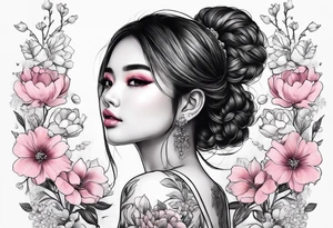 a cute girl with 
Chi Gypsophila
 flower pink color tattoo idea