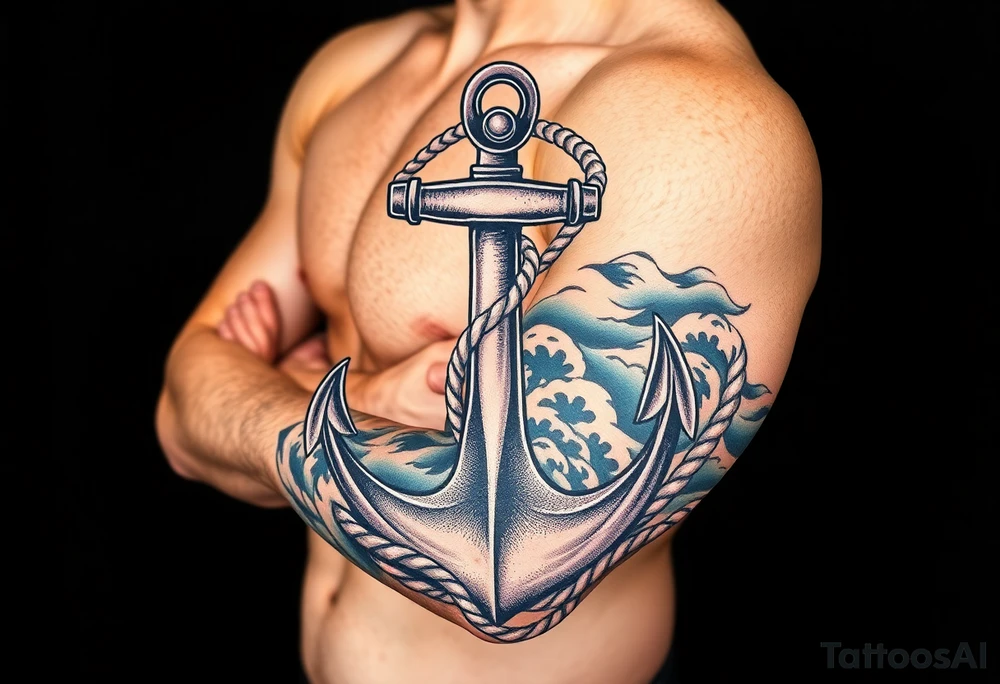 weathered anchor wrapped in nautical rope with sea waves tattoo idea