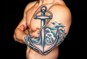 weathered anchor wrapped in nautical rope with sea waves tattoo idea