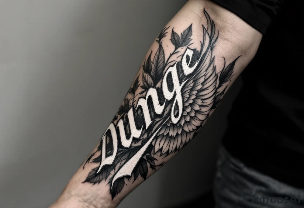 Dunning, left forearm details include angel wing, greek type of font,jungle leaves, name in white color tattoo idea