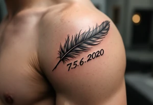 Feather quill writing "Viktor – 7.5.2020 v 6:06" in classic black and silver shading. tattoo idea