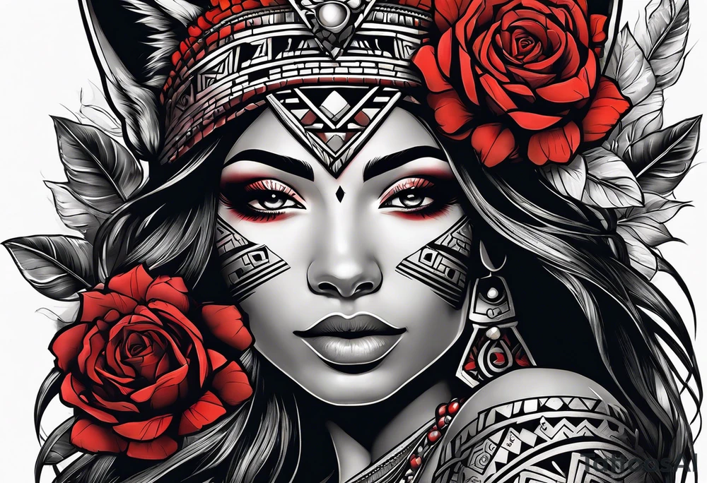 Aztec woman wrapped in roses with a wolf tattoo idea