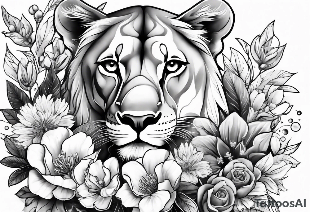 Birth flower tattoo with lioness and cubs tattoo idea