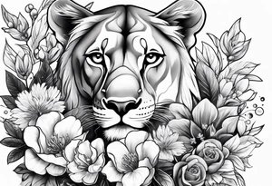 Birth flower tattoo with lioness and cubs tattoo idea